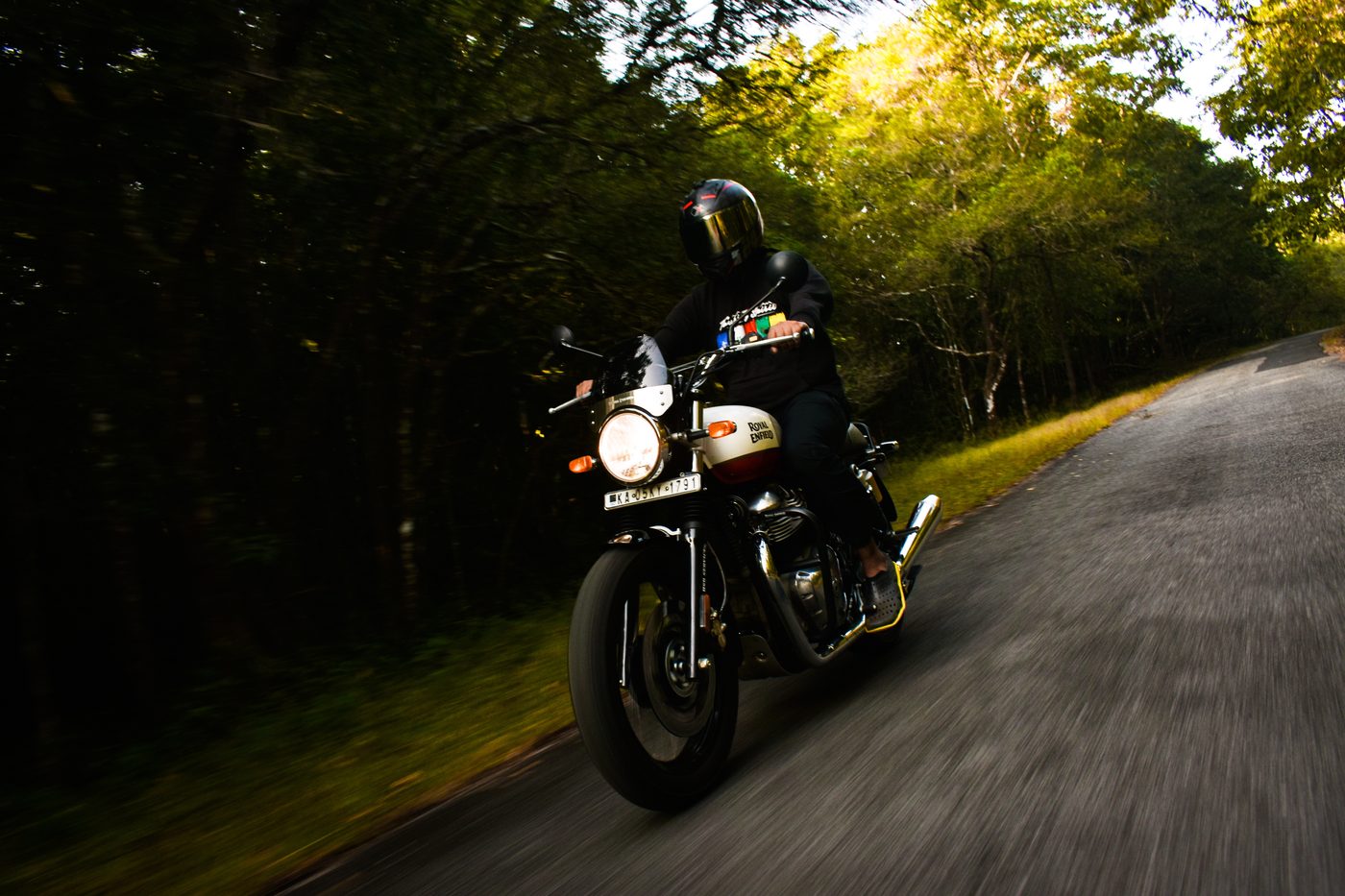A rider on a Royal Enfield motorcycle speeding along a forest road, background blurred with motion
