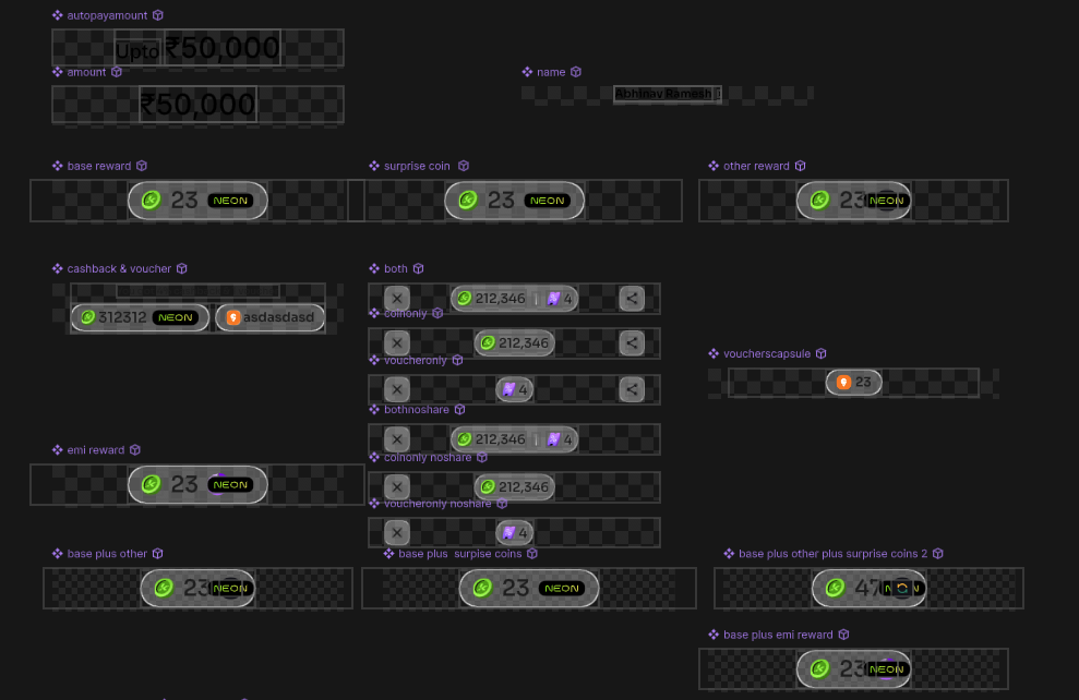 Rive artboard view showing all reward state combinations: base reward, surprise coin, other reward, cashback & voucher, both, coinonly, voucheronly, bothnoshare, coinonly noshare, voucheronly noshare, voucherscapsule, emi reward, base plus other, base plus surprise coins, base plus other plus surprise coins, base plus emi reward.